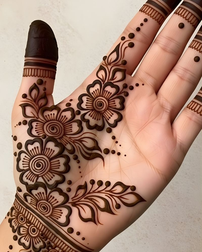 Front hand mehndi design with soft floral motifs