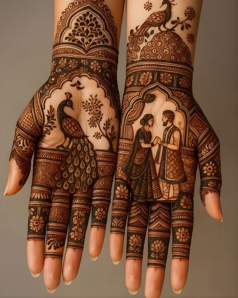 Royal front hand mehndi design with detailed patterns