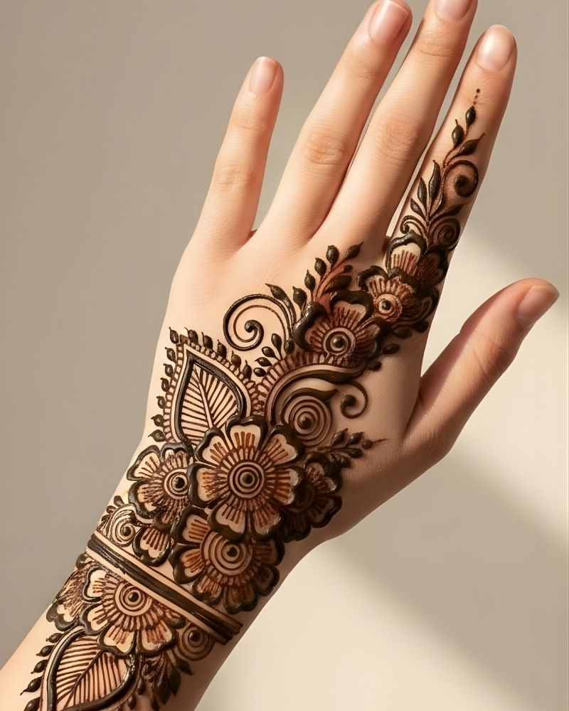 Arabic mehndi design for back hand with flowing patterns