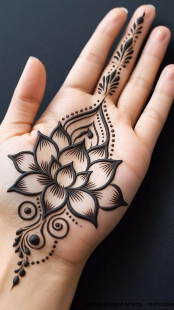 Lotus Rose Mehndi Front Hand Wrist To Finger Stem