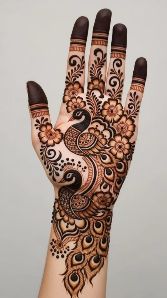 Peacock Mehndi Centre Palm Finger Detail Design
