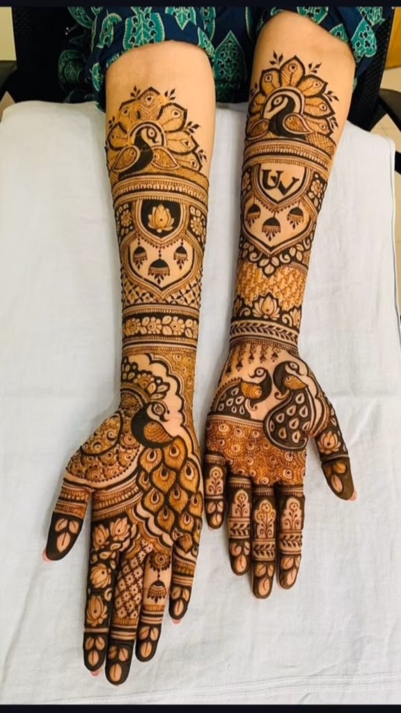 Peacock Mehndi Front Hand Full Coverage Bridal