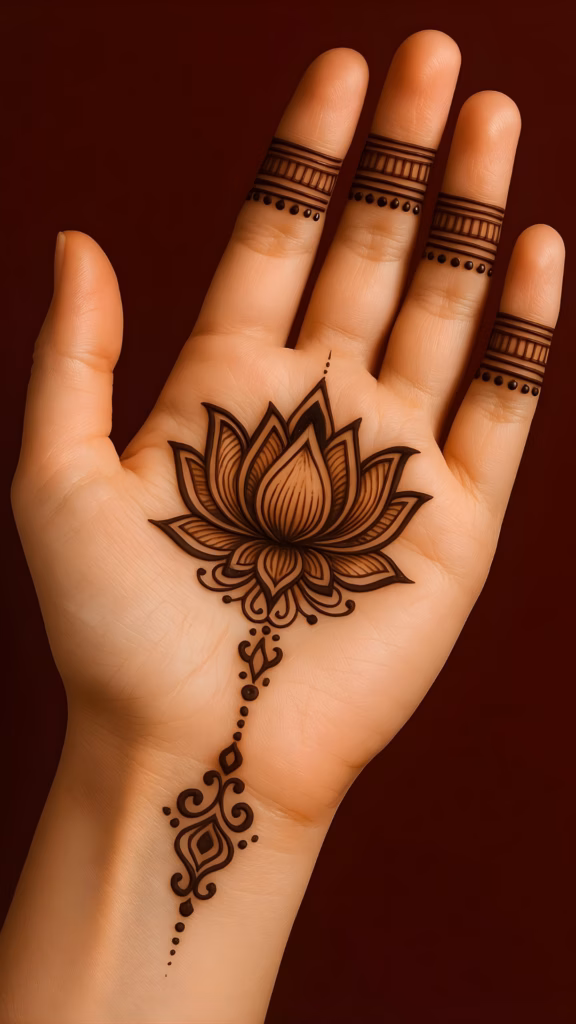 Lotus Mehndi Front Hand Fine Petal Line Work
