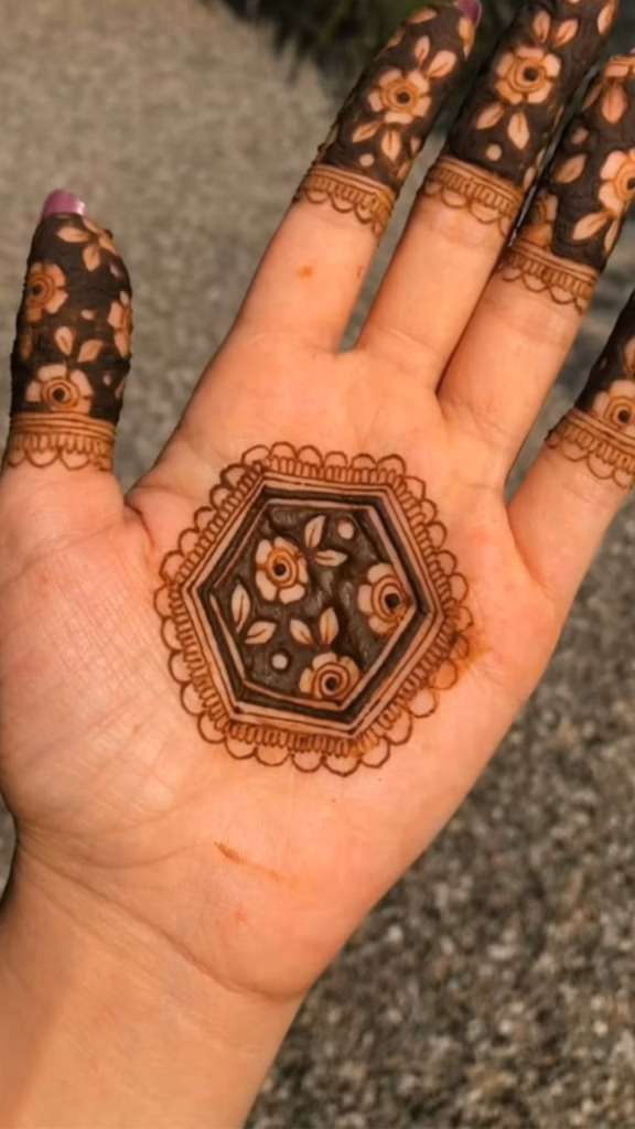 Modern Mehndi Design Front Hand Hexagonal Grid