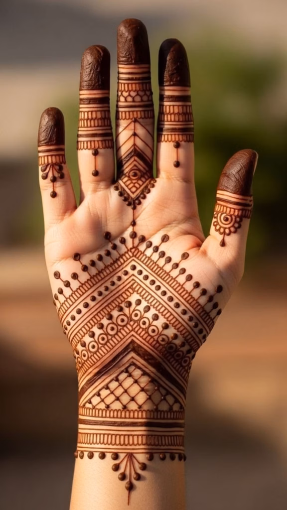 Modern Front Hand Mehndi Straight Line Angular Pattern