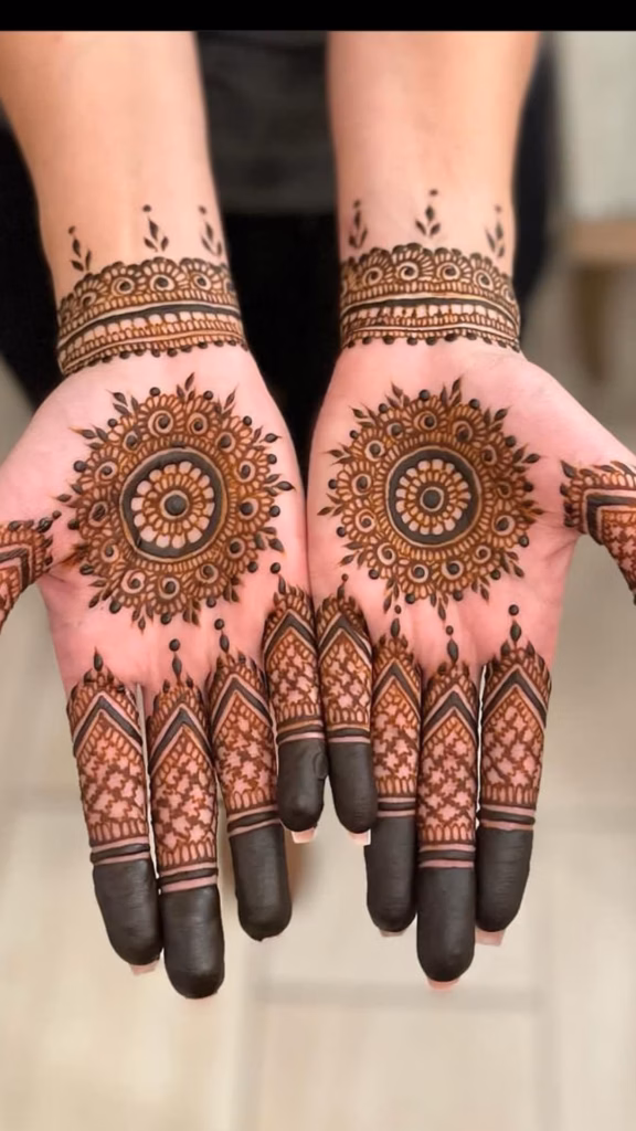 Traditional Tikki Gol Mehndi Front Hand Ritual Design
