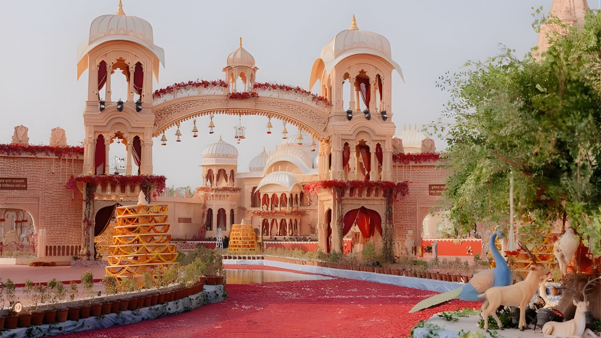 Grand floral wedding entrance setup at a Jaipur palace venue