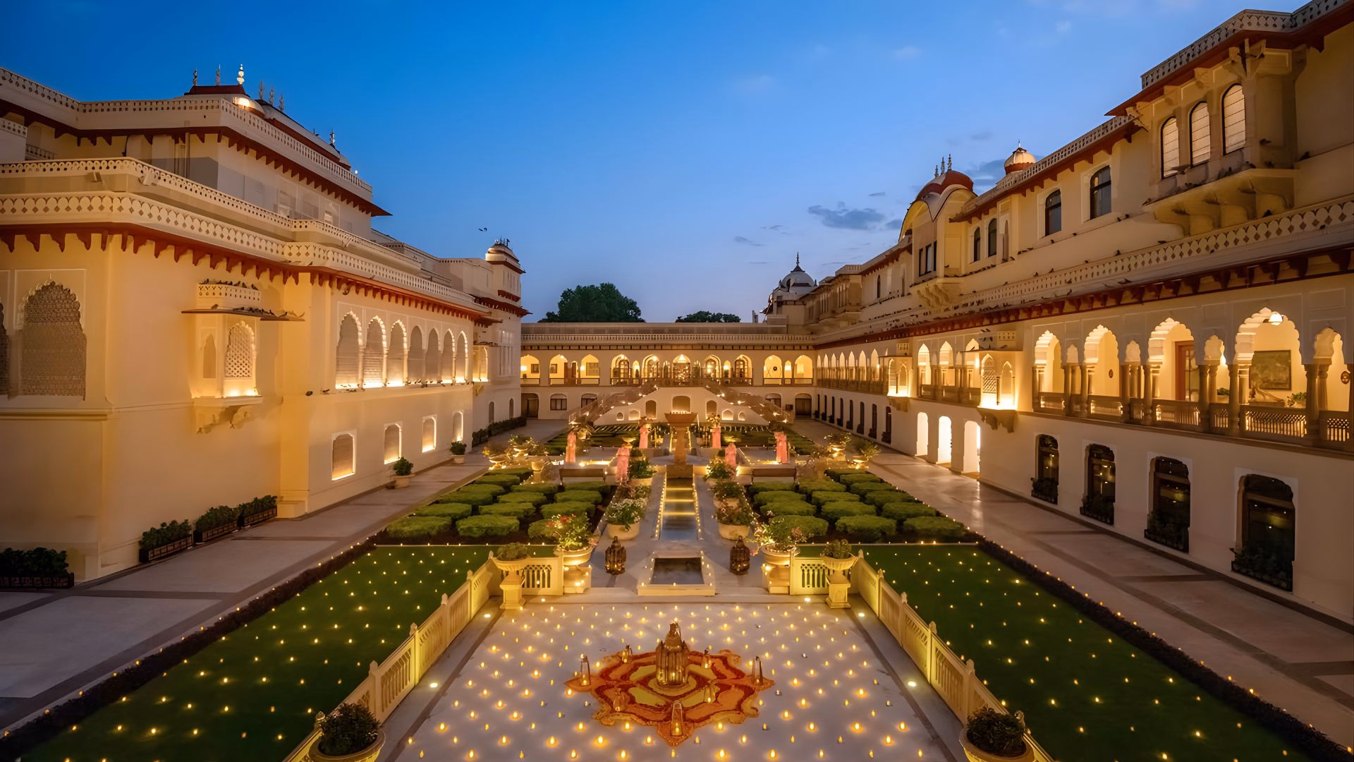 Palace courtyard decorated for a wedding in Jaipur at night
